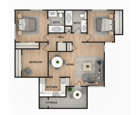 Floor plan for 3 beds, 2 baths, 1041 sqft